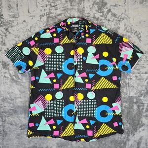 Massive Brand Geometric Abstract Button Up Shirt Size XL Black Blue Teal